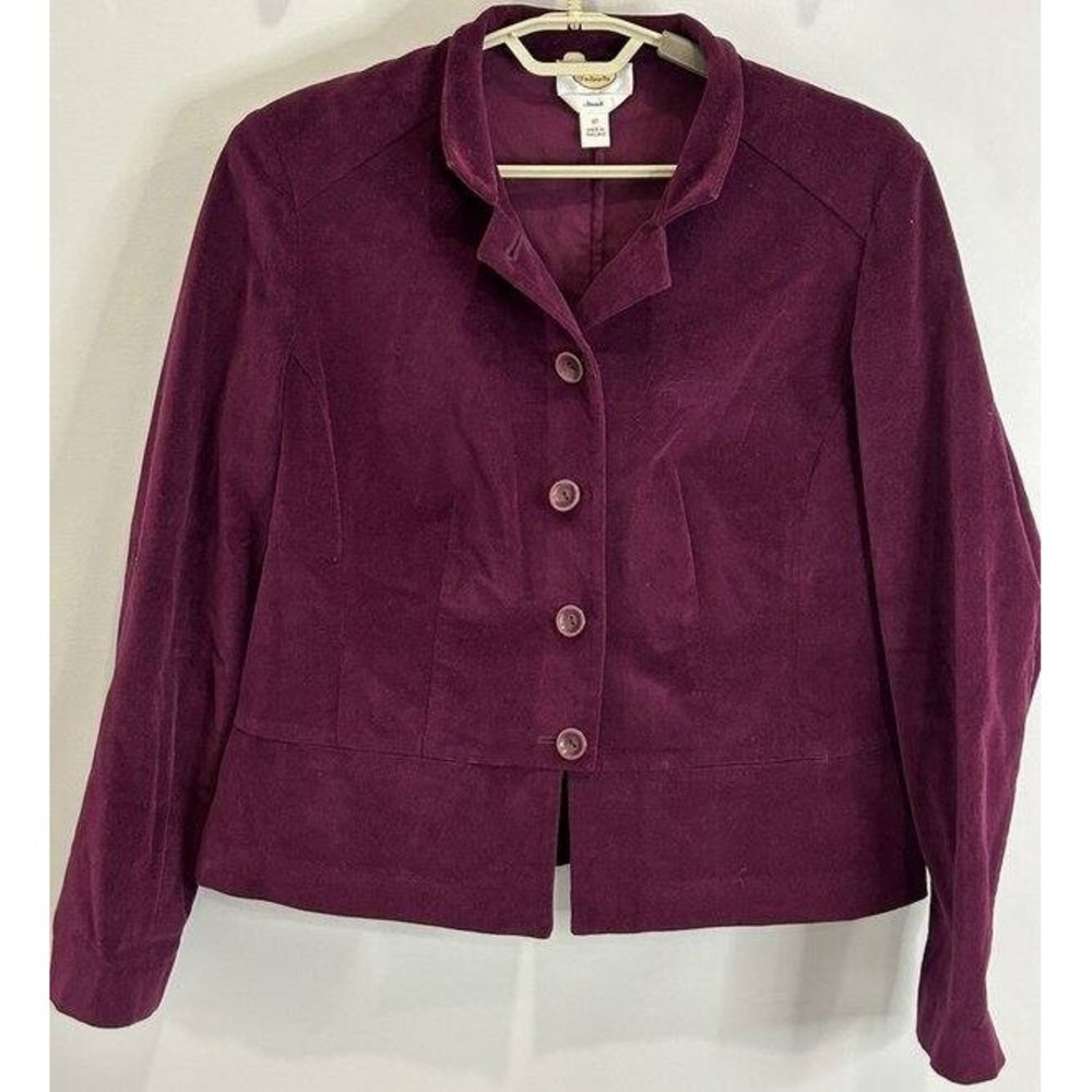 Talbots Plum Velvet Blazer Jacket Unlined‎ Button Front Cotton Stretch Size 12